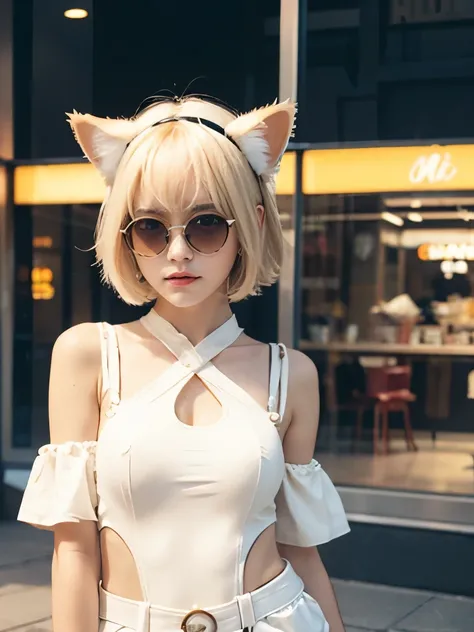  (Cream hair), short hair, cat ears, 1girl, ((cream motorcycle costume)), arm at side, mall background, ing