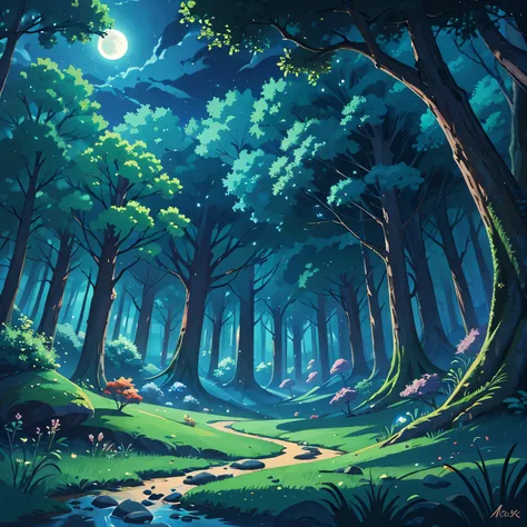 forest japonese background, forest landscape, nature, digital painting, beautiful digital illustration, fantasia background, night, night, moonlight