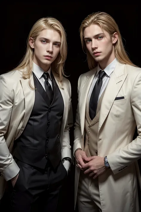 Sons of Apollo,  blondes with chest-length hair, square and perfect masculine face , Corpo Co Atlético, perfect almond eyes ,  both wearing elegant black dress shirts. 