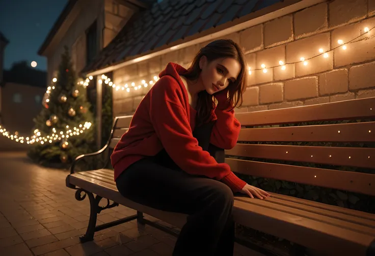 imagine a really sad 25 year old girl sitting on a bench in a lonely park but full of Christmas lights, with out of focus Christmas lights in the background, a scene that seems like a contradiction. volumetric lighting, 8k,