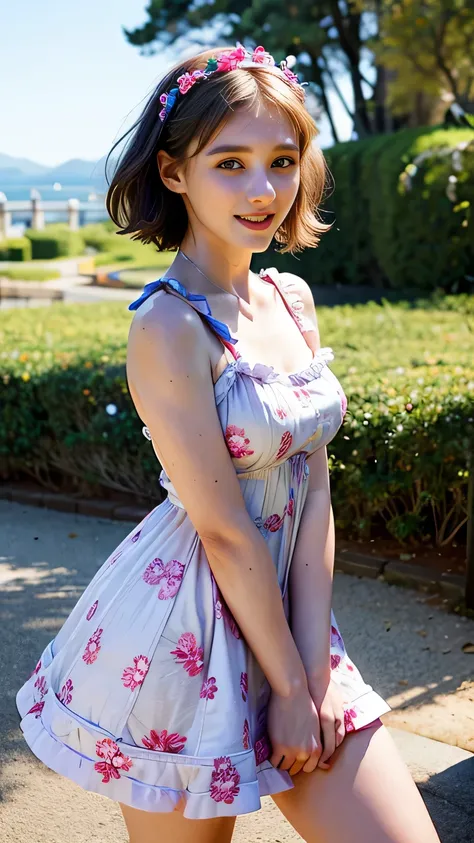 masterpiece, best quality, absurdres, perfect antomy, 1girl, solo, PascalTales, short hair, beautiful, cheerful, sunny day, botanical garden, summer breeze, sundress, floral pattern, wavy hair, smiling