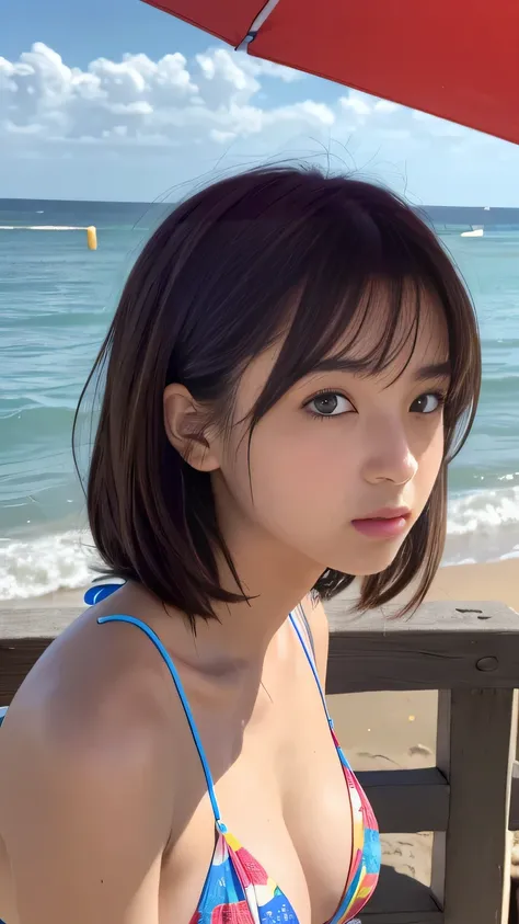 (((Direct From The Front   ))),  top quality, ​masterpiece,    beautiful high school girl ,    high-resolution face and skin textures ,     DETAILS EYES ,    she is sitting outside at the seaside   , colorful bikini wear ,   Center of chest ,    medium bob...