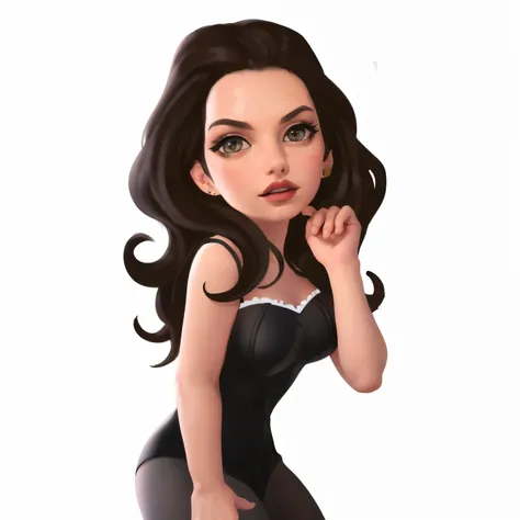  Anne Hathaway，  A beautiful girl ， Wearing a black dress ，curls，，Look sideways at the camera，sideways，Raise your hand， posing for photos ，Side View， ，High-definition characters，Digital character illustration，Disney art style、  Realistic character，Characte...