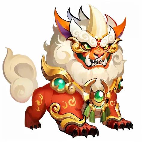 cartoon illustration of a chinese lion with a green eye, onmyoji detailed art, asura from chinese myth, onmyoji, inspired by Li Kan, chi-gong, inspired by Pu Hua, shui mo hua, sun wukong, fire lion, zhongli from genshin impact, kuang hong, ne zha from smit...