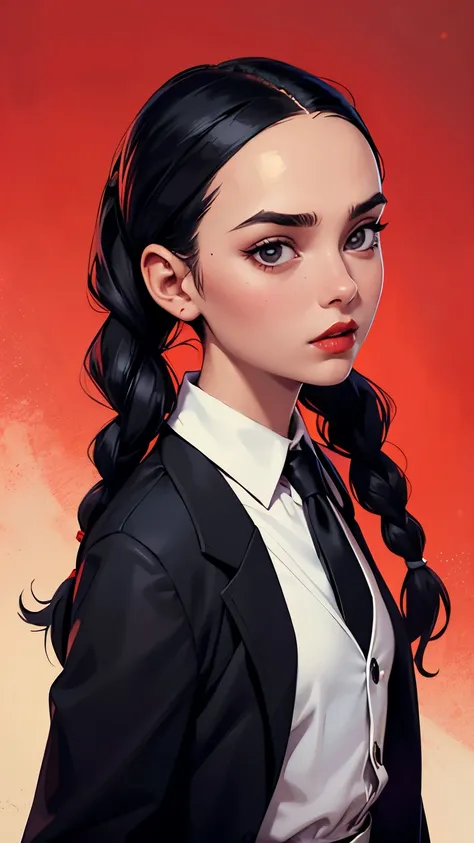 solo, 1girl, Wednesday Addams as Santa Claus, 21 years old, collared shirt, Christmas themed, latina, necktie, shirt, black hair, wing collar, looking at viewer, formal, white shirt, lips, twin braids, bangs, suit, Christmas background, red lips, Santa jac...