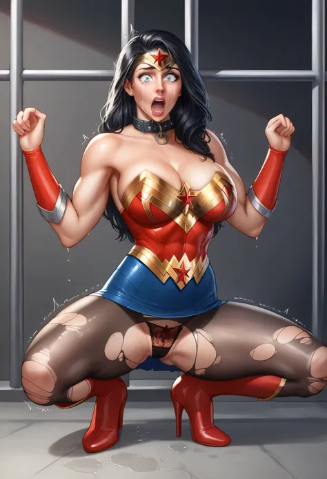 An extremely sexy black-haired woman with a thin waist and large breasts looks up to the sky and rips the shirt off her business suit to reveal the SUPERWOMAN costume ripped shirt, tight clothes, lap, looking shocked , surprised expression , expression of ...