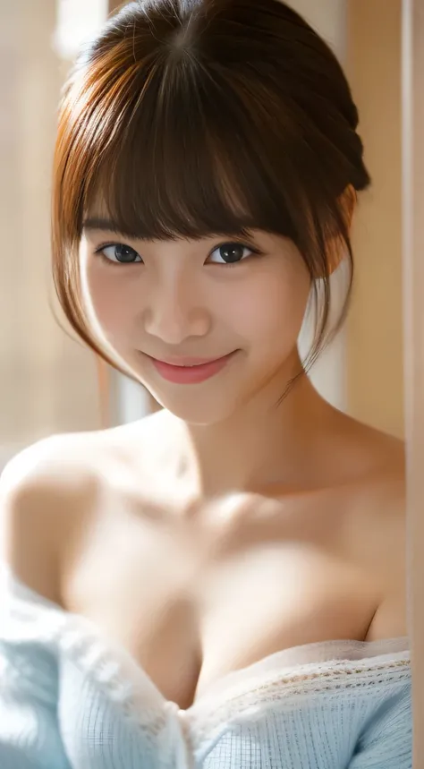 masterpiece,best quality,(Japanese girl),((Beautiful girl)),cleavage,(off shoulder:1.2),(perfect body beauty:1.2),(shy smile),From slightly above