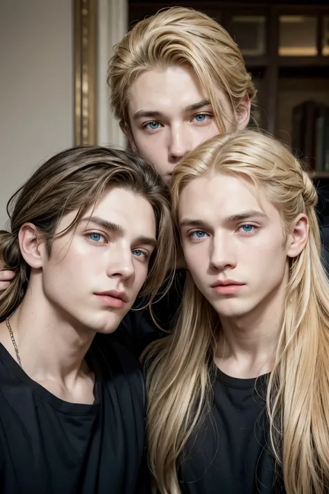 Sons of Apollo,  blondes with long hair up to their hair ,  perfect male square face , perfect almond eyes , one has a black shirt and the other a blue shirt France.