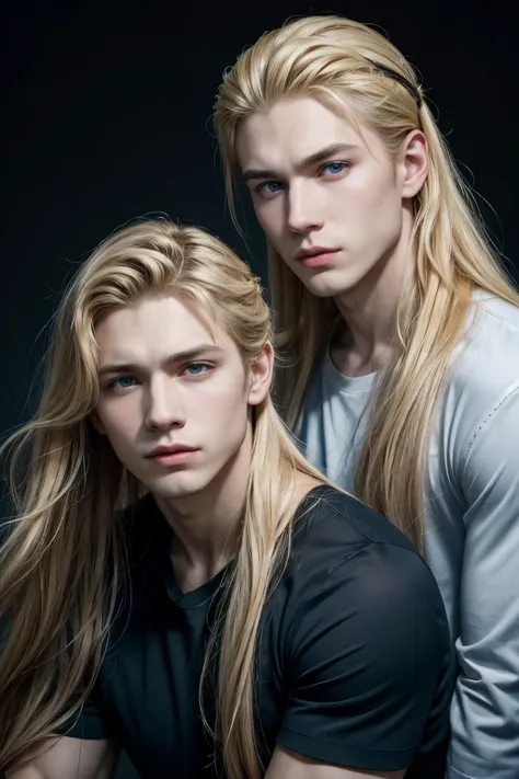 Sons of Apollo,  blondes with long hair up to their hair ,  perfect male square face , perfect almond eyes , one has a black shirt and the other a blue shirt France.