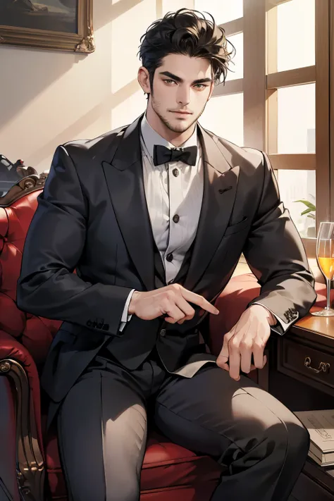 (best quality,4k,8k,highres,masterpiece:1.2),ultra-detailed,(realistic,photorealistic,photo-realistic:1.37),30 year old man,3 day beard,handsome anime,portraits,strong,masculine,dark hair,sharp jawline,mesmerizing eyes,perfectly styled hair,cool anime outf...