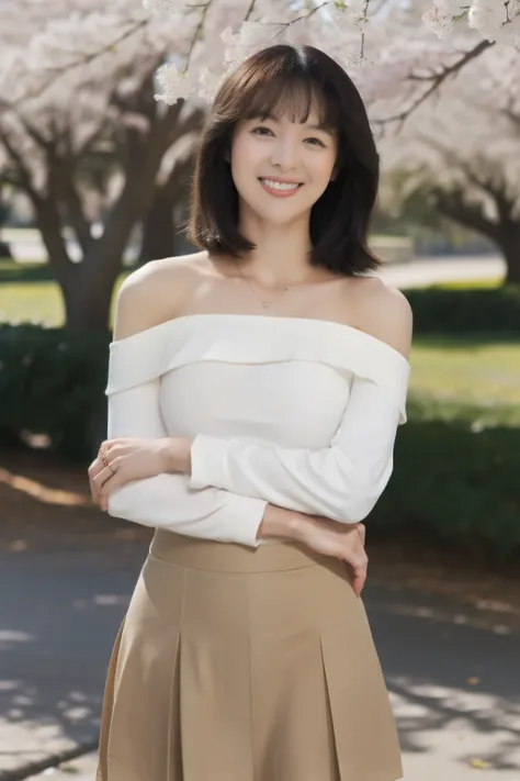 Woman standing under a cherry tree in a park、 off-the-shoulder white shirt、Woman with small breasts in shape 、Wear a black slit tight skirt、 wearing beige pantyhose、Smile and high pose 、 full body photo、