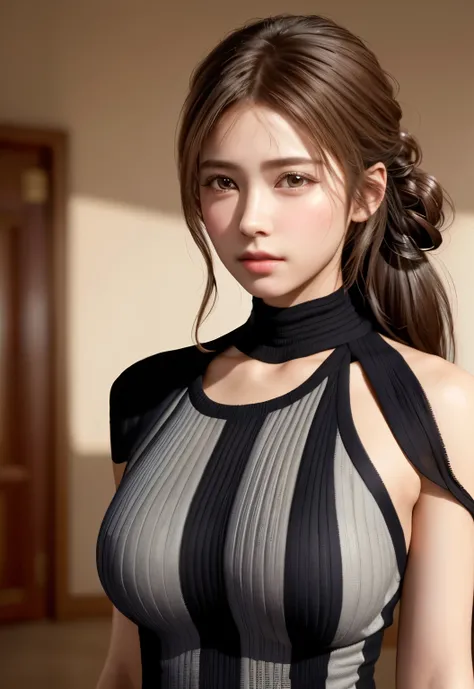 8k,  top quality, masterpiece:1.2), ( realistic ,  Photorealistic :1.37),  top quality, masterpiece,  beautiful young woman , Contemplative look,  thoughtful expression,  Wear elegant clothes ,  hair tied at the back , Messy mood,  Cinematic Background, ti...