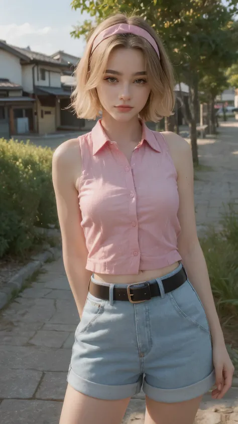 1 woman, mature woman, solo, NOT DASHA TARAN, full body standing, perfect body, best quality, 32k, photograph, full body (head to toe), tone mapping, ((houjou satoko,short hair,black hairband,blonde hair,violet eyes,hair between eyes,collared shirt,sleevel...