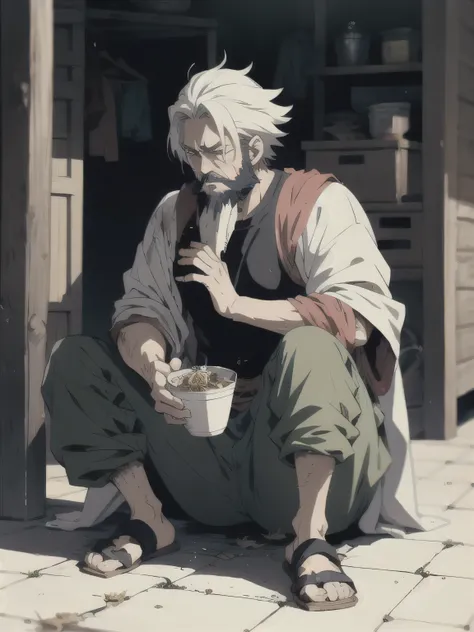 anime image of fantasy bearded skinny poor peasant with scrached and dirty clothes. he is begging and crying