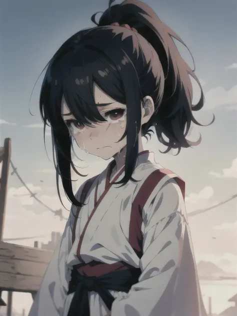 anime image of a black haired little  with ponytail in a peasant clothes crying