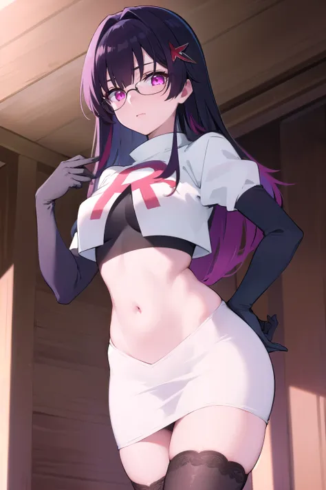 honkaisparkle, black hair, colored inner hair, glasses, hair intakes, hair ornament, hairclip, long hair, multicolored hair, (pink eyes:1.3), purple hair, straight hair,
BREAK glasses, team rocket,team rocket uniform,white skirt,red letter R,crop top,black...