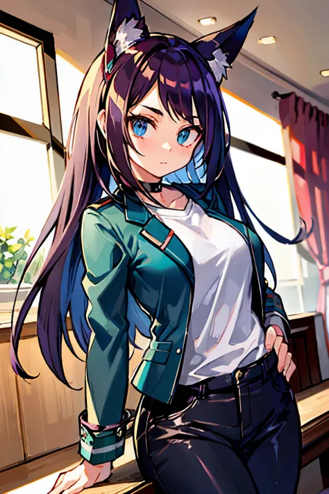 ((  best quality)), (( )),   masterpiece, absurdities, (  detailed eyes  ,   deep eyes  ), ( a girl),   arms crossed, Jirou,  long hair loose at the hips,  brown hair with turquoise hair tips,   straight bangs, sideburns, turquoise blue eyes, purple headph...