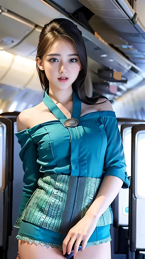 Top Quality, Masterpiece, 8K, Ultra High Definition, (Photorealistic: 1.4), 1 Girl, Beautiful Face, Symmetrical Eyes, Big, Perfect Body Proportions, Stewardess Uniform, huge breasts, Viewers Look, (Inside the Airplane: 1.2), Front View, Shoulder Jump, Abso...