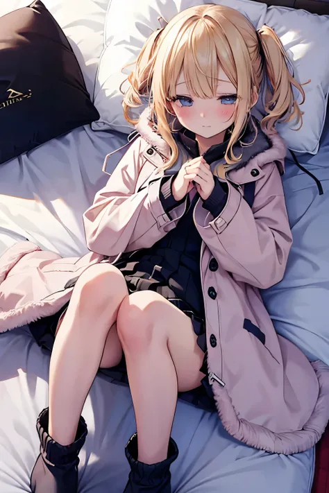 Pretty girl wearing a coat, miniskirt, barefoot boots, hotel bed pillow, sleeping on her back, being pushed down, raising her hands, embarrassed expression blushing 