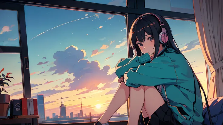 Anime girl sitting on floor looking out window at city, Anime aesthetic, Anime vibes, Lofi Artstyle,  lo-fi portrait by the window ,  watching the sunset.  headphones,Anime, noble girl , Anime art wallpaper 4 k, Anime art wallpaper 4k, Anime art wallpaper ...