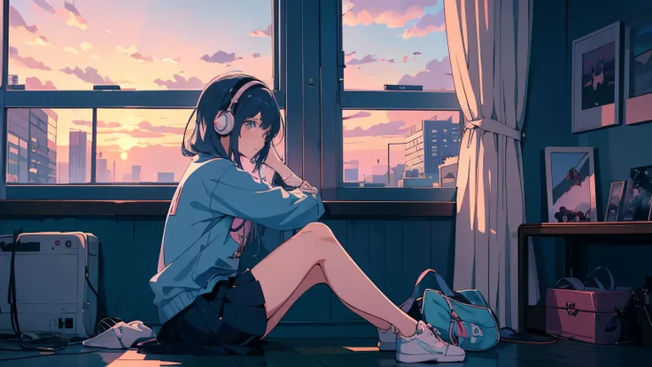 Anime girl sitting on floor looking out window at city, Anime aesthetic, Anime vibes, Lofi Artstyle,  lo-fi portrait by the window ,  watching the sunset.  headphones,Anime, noble girl , Anime art wallpaper 4 k, Anime art wallpaper 4k, Anime art wallpaper ...