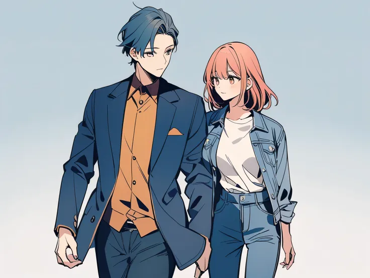 Man in a suit, A woman wearing a denim jacket and pants, couple