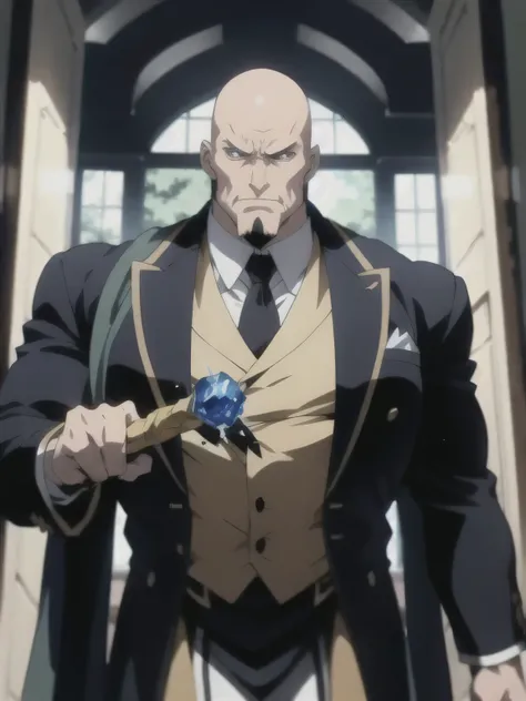  an anime image of a towering man whose bald head caught the light like polished stone. His shoulders were so broad they looked like they could block a doorway, and his arms bulged with muscle beneath his fitted robes. Despite his intimidating physique, hi...