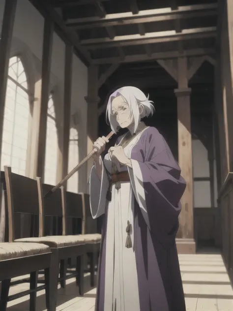 an anime image of a aged old elderly women, long violet hair, wearing a mage outfit, calm and composed look, long and big wooden staff, aged skin, giving a speech in a grand hall. 