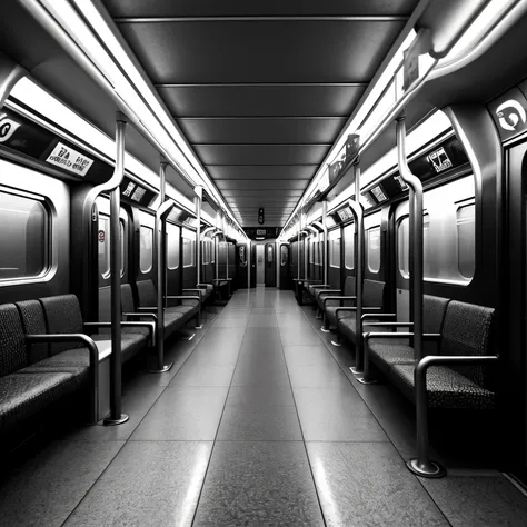 An extremely detailed hyper realistic black and white surrealist photo of a japanese subway train interior meant to induce a feeling of agoraphobia and liminal spaces inspired by the backrooms and creepypasta art. 