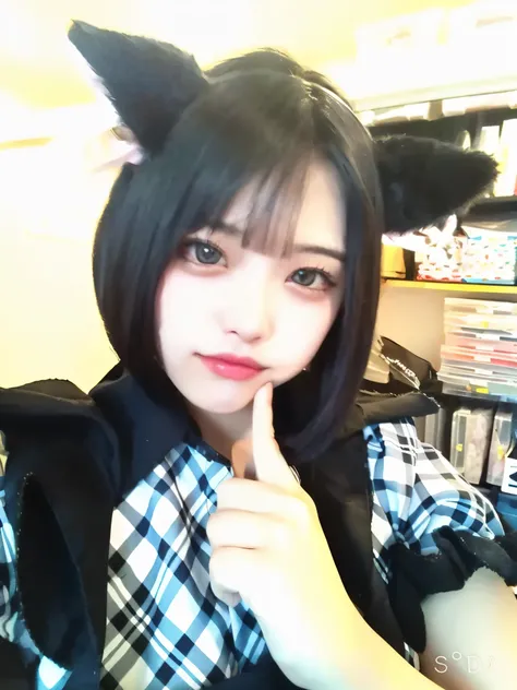 there is a woman with a cat ears and a plaid shirt, ulzzang, sui ishida with black hair, anime girl in real life, black hime cut hair, shikamimi, very beautiful cute catgirl, kemonomimi, girl with cat ears, anime girl with cat ears, ruan cute vtuber, sakim...