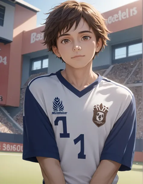  top quality ,  face focus,  soft light,  super high res, ( photo realistic:1.4),  RAW photos ,  1 Japanese boy,  Kindergarten Mother、、 soccer boy with genitals、 anime style、solo,  cute, ( big smile when looking back:0.5), ( brown eyes,  light in the eyes ...