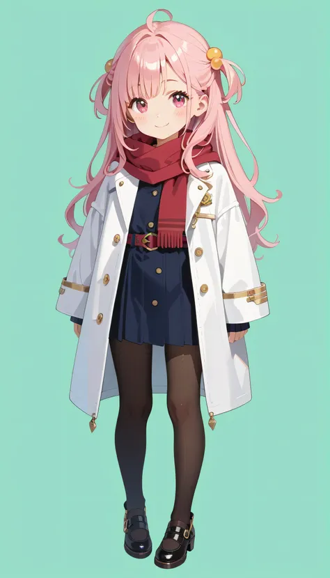  anime girl, pink hair,pink eye, official character art ,(((((whole body))))),uniform, standing,(((( full body )))),(( simple background)),(Green background), miniskirt,smile, long hair, precise face,Im wearing a red check scarf around my neck, duffle coat...