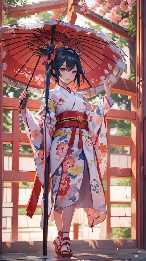  beautiful, masterpiece,  top quality ,  Extremely Detailed Faces,   perfect lighting,  1 girl, Alone,  matoi ryuuko , Japanese clothing, kimono, short kimono,   cowboy shot