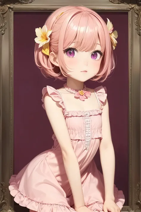 Femboy, otoko no ko, pink hair, short hair, flat chest, sexy body, cute face, Shy face, pink eyes, frilled dress, short dress, yellow dress, Lily flower background frame 