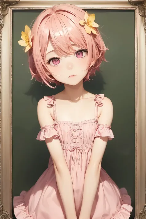 Femboy, otoko no ko, pink hair, short hair, flat chest, sexy body, cute face, Shy face, pink eyes, frilled dress, short dress, yellow dress, Lily flower background frame