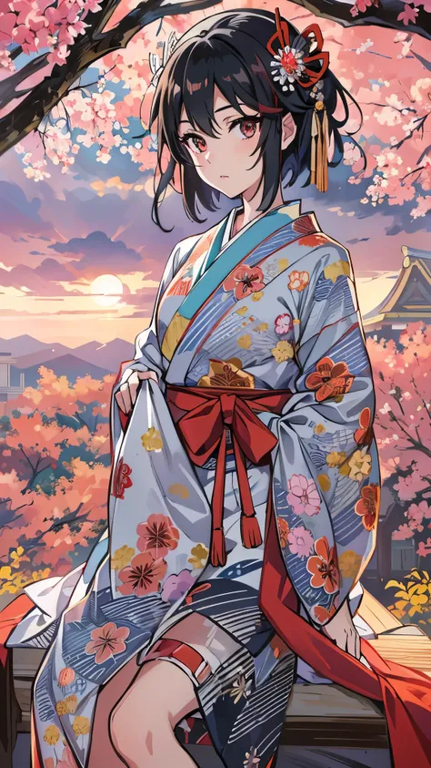  beautiful, masterpiece,  top quality ,  Extremely Detailed Faces,   perfect lighting,  1 girl, Alone,  matoi ryuuko , Japanese clothing, kimono, short kimono,   cowboy shot