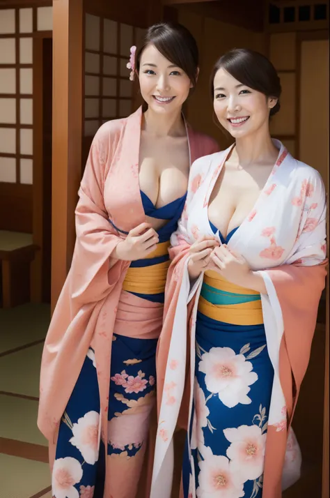  attractive woman,  2 people ,  chubby, kimono、 Big Breasts , smile、Hot spring inn、masterpiece,  top quality ,