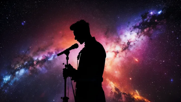 A dramatic silhouette of a man holding a microphone stand like a weapon, passionately singing, with the background showcasing a vibrant and detailed outer space scene, including stars, galaxies, and nebulae. The mans pose is dynamic, evoking energy and emo...