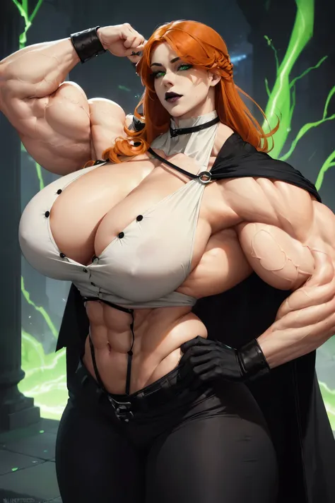 (((((Massive tall, beautiful, buff, pale white skinned muscular goddess woman with orange hair, black lipstick, ginormous bulky muscles, wearing an half button down long black coat with black pants))))), close view, (shaggy long hair), (glowing green eyes)...