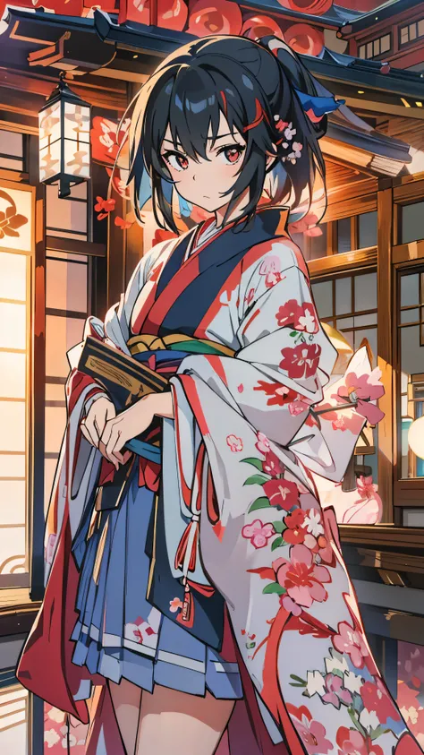 beautiful, masterpiece, top quality , Extremely Detailed Faces, perfect lighting, 1 girl, Alone, matoi ryuuko , Japanese clothing, kimono, short kimono, cowboy shot