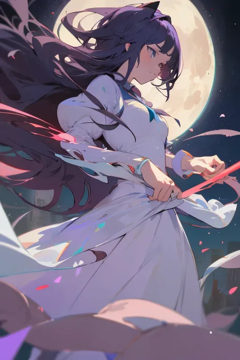 Score_9,Score_8_up,Score_7_up,highest quality anime,masterpiece,extremely detailed,depth of field,high-resolution,1 magical woman,fantastic fighting white and violet dress,huge full moon,posing