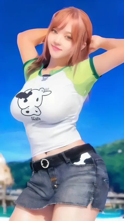 a woman in shirt and black shorts posing for a picture, kawaii shirt and jeans, dead or alive 6, cow-girl, tight shirt, yayoi kasuma, cow, croptop, Honoka Dead or Alive