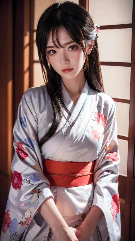 beautiful, masterpiece, top quality , Extremely Detailed Faces, perfect lighting, 1 girl, Alone, matoi ryuuko , Japanese clothing, kimono, short kimono, cowboy shot