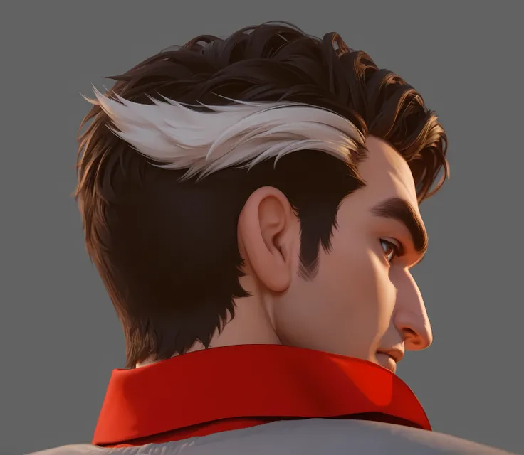  Italian man，Back to camera，Look back and forth，Head close-up，Large brown back，Strong nose ，The expression is serious and ferocious，Fierce and angry， obvious jawline ，Deep eye sockets，Brown pupils， eyes looking at the camera ，red shirt collar，Cartoon Chara...