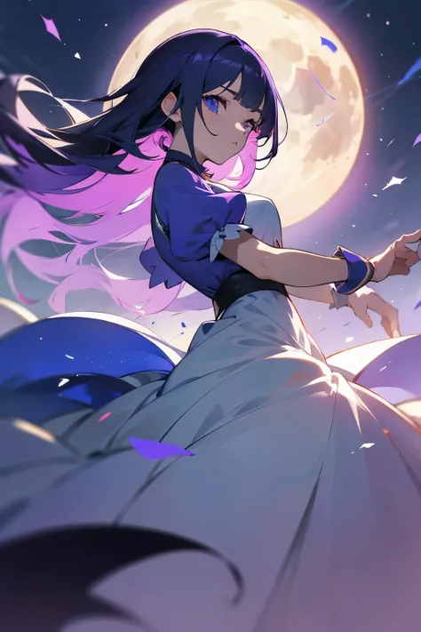 Score_9,Score_8_up,Score_7_up,highest quality anime,masterpiece,extremely detailed,depth of field,high-resolution,1 magical woman,fantastic fighting white and violet dress,huge full moon,posing