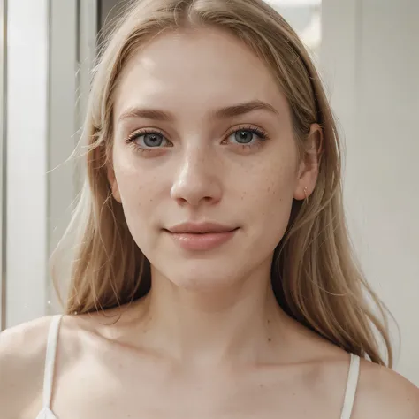 woman, Americana, 25 years, pale skin and freckles, gray eyes, delicate nose, soft and delicate lips, far away, cabelo blondie far away e ondulado na altura da cintura, sweet smile, face with delicate feminine facial features, highly rendered