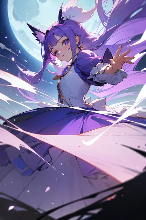 Score_9,Score_8_up,Score_7_up,highest quality anime,masterpiece,extremely detailed,depth of field,high-resolution,1 magical woman,fantastic fighting white and violet dress,huge full moon,posing,キュアムーンライト