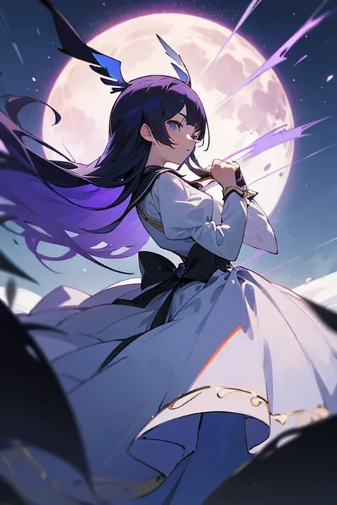 Score_9,Score_8_up,Score_7_up,highest quality anime,masterpiece,extremely detailed,depth of field,high-resolution,1 magical woman,fantastic fighting white and violet dress,huge full moon,posing