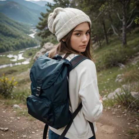 Cute and beautiful 25-year-old girl with short, silver-blond messy hair hikes on a mountain trail, carrying a small backpack and wearing a warm hat to shield from the chill. The realistic photo is taken from behind, capturing her determined expression as s...