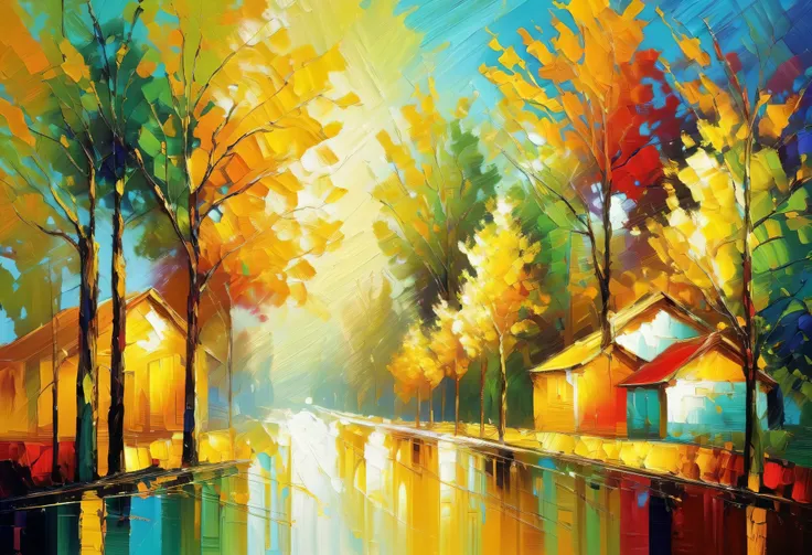 Trees, abstracts, houses, bright colors. Oil painting style is strong, light tone, light tone, abstract painting style, oil painting strokes. Impressionist, golden